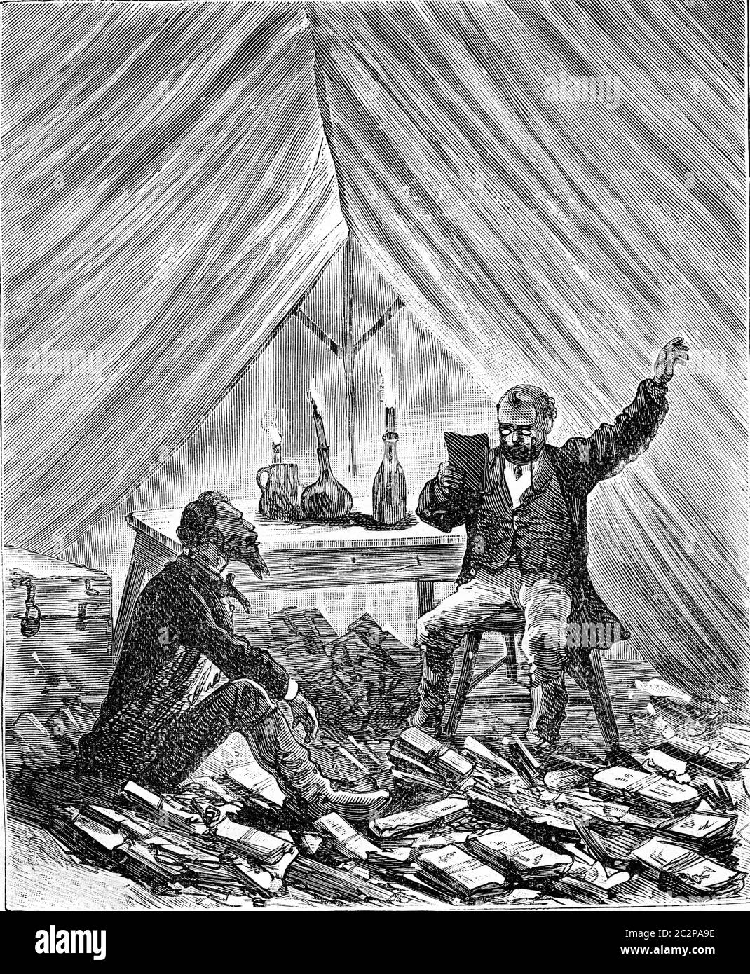 Six thousand miles through South America. Two men in a tent reading books by candlelight. From Travel Diaries, vintage engraving, 1884-85. Stock Photo