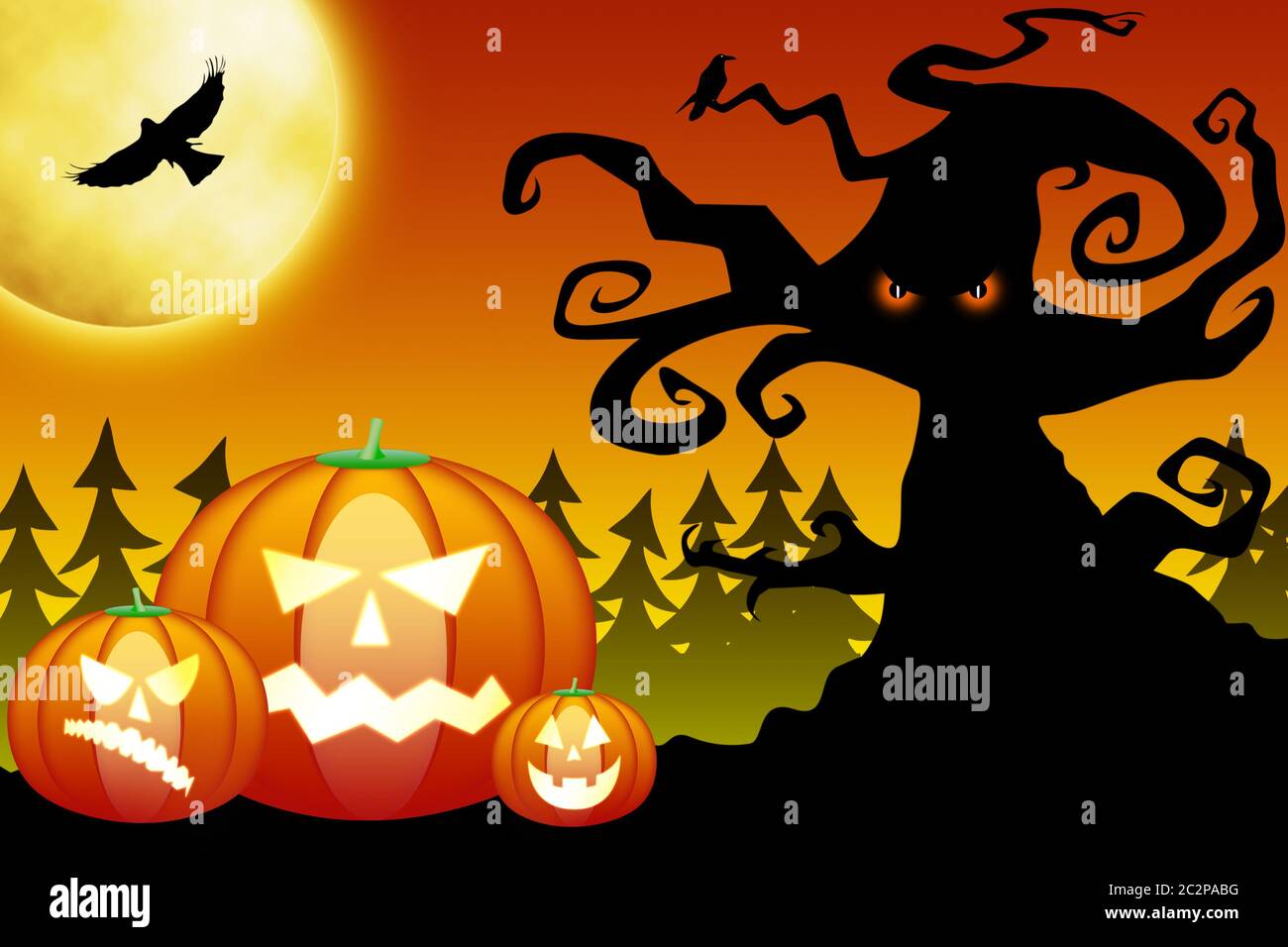 Illustration of halloween pumpkins in scary forest Stock Photo - Alamy