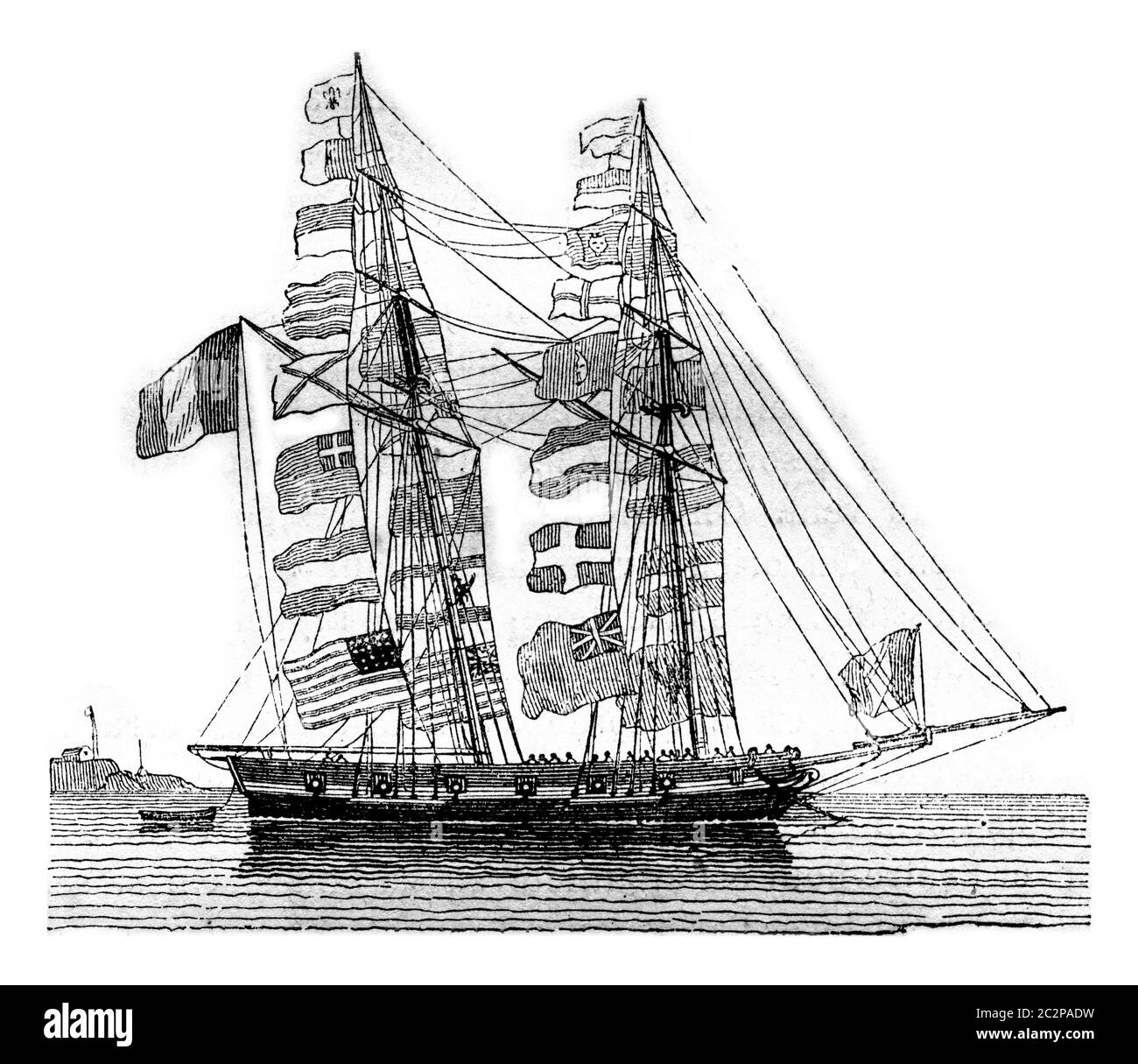 Pavoisse schooner, wetted, seen by starboard boudoir, vintage engraved illustration. Magasin Pittoresque 1842. Stock Photo