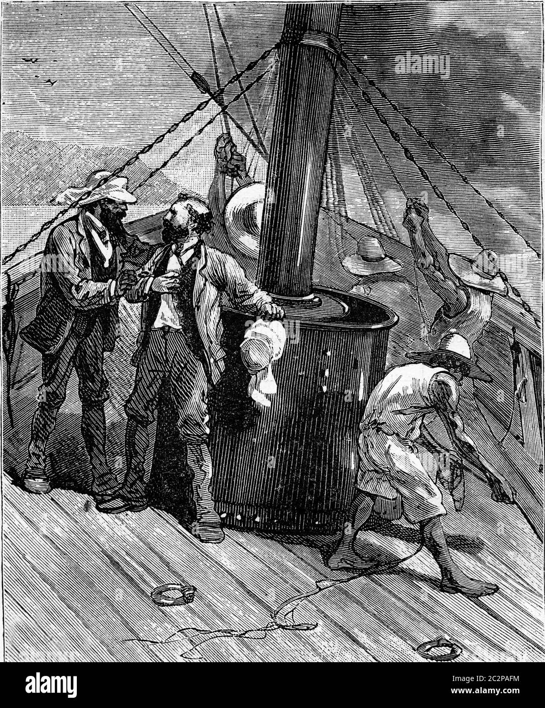 Six thousand miles through South America. Men aboard the Scotia. From Travel Diaries, vintage engraving, 1884-85. Stock Photo