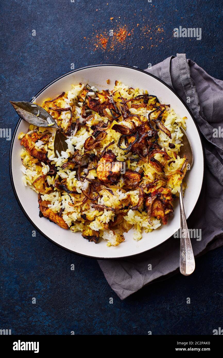 Indian rice dish hyderabadi biryani with chicken and basmati rice