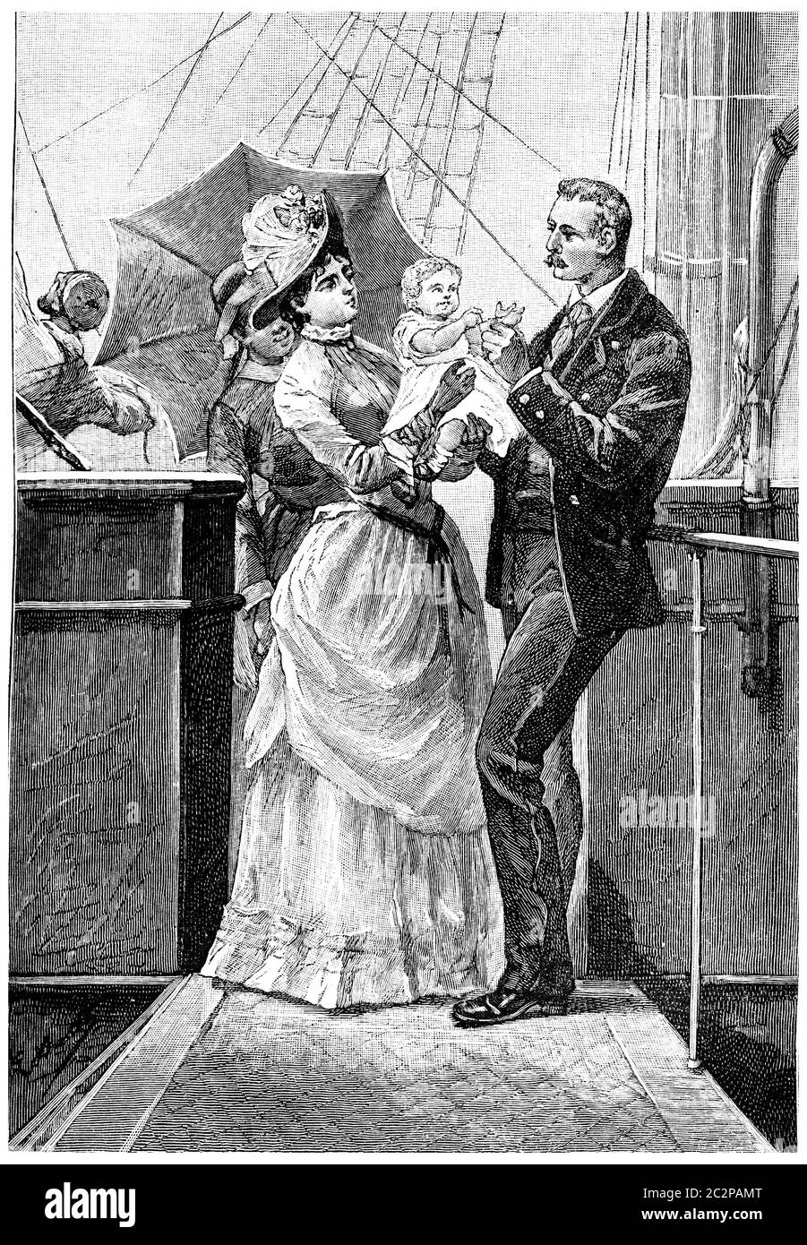 The baby held out his arms to his father, vintage engraved illustration. Jules Verne Mistress Branican, 1891. Stock Photo
