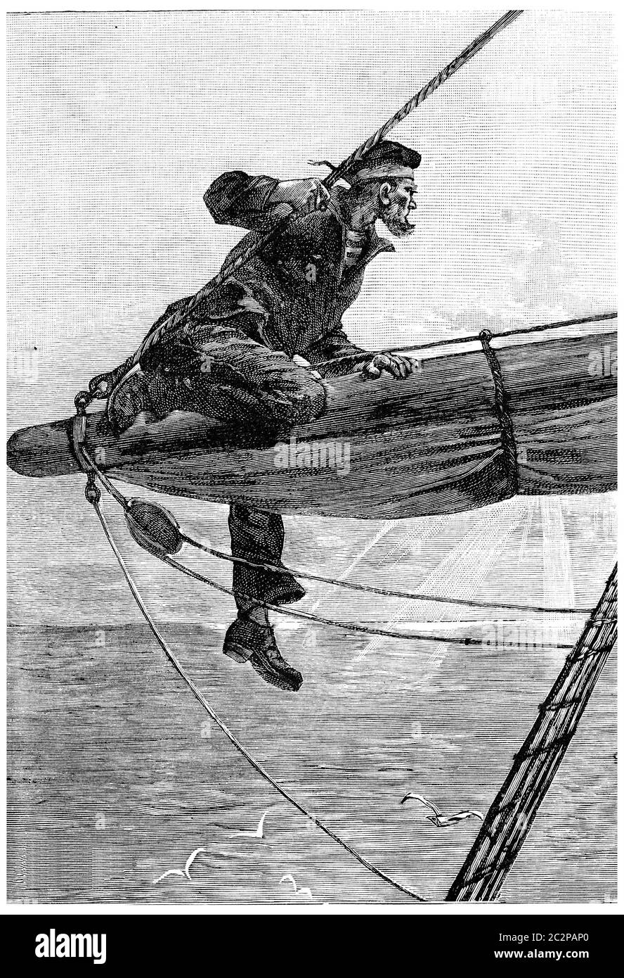When he was riding on the bars, vintage engraved illustration. Jules Verne Mistress Branican, 1891. Stock Photo