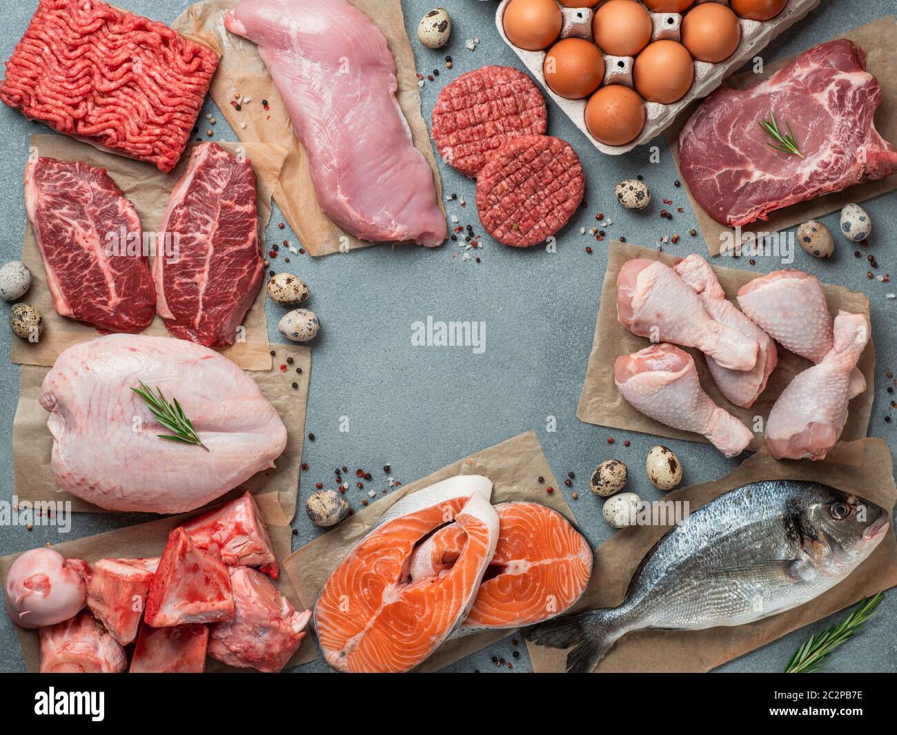Carnivore diet, zero carb concept, top view Stock Photo