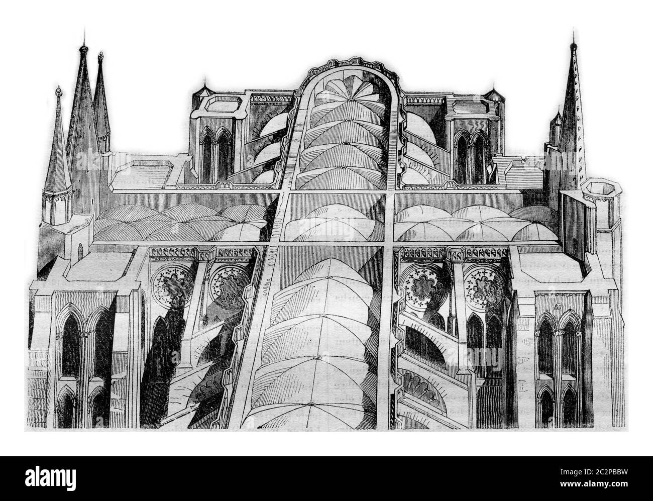 Anterior and posterior part of the cathedral of Chartres since the fire on 4 and 5 June View taken of one of the drivers, vintage engraved illustratio Stock Photo