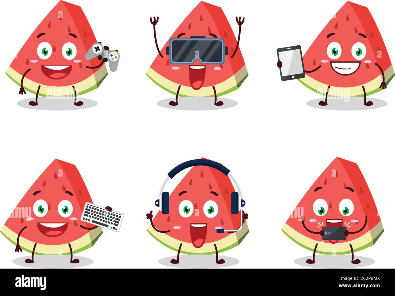 Slash of watermelon cartoon character are playing games with various cute emoticons Stock Vector