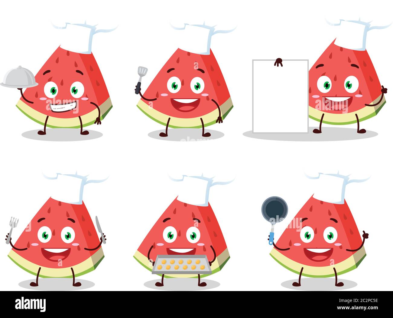 Cartoon character of slash of watermelon with various chef emoticons Stock Vector