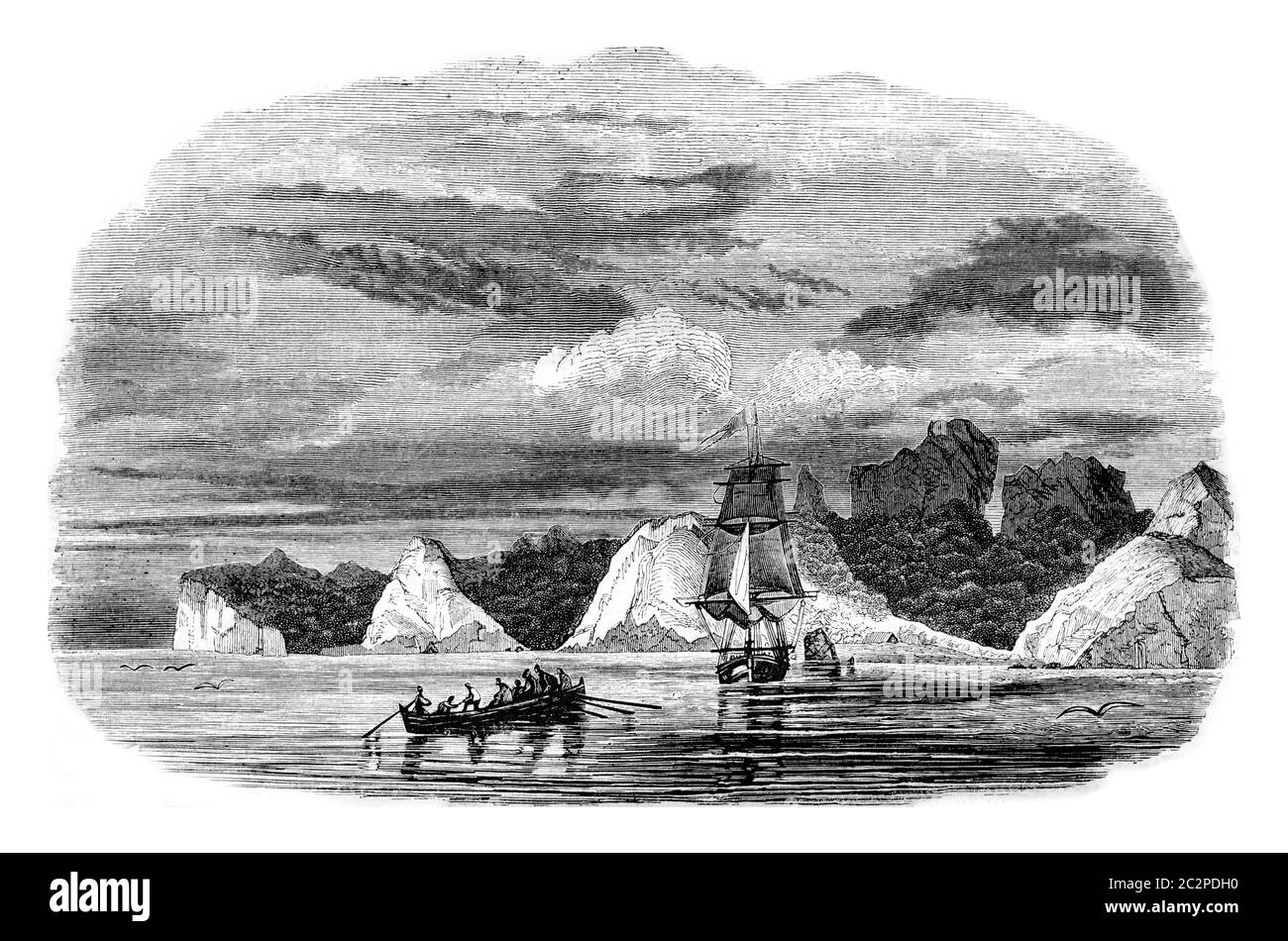 Juan Fernandez Island, or lived the sailor who Defoe novel Robinson Crusoe, vintage engraved illustration. Magasin Pittoresque 1842. Stock Photo