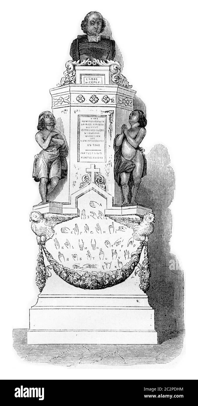 The monument of Abbe Epee in one of the chapels of Saint-Roch in Paris, vintage engraved illustration. Magasin Pittoresque 1842. Stock Photo