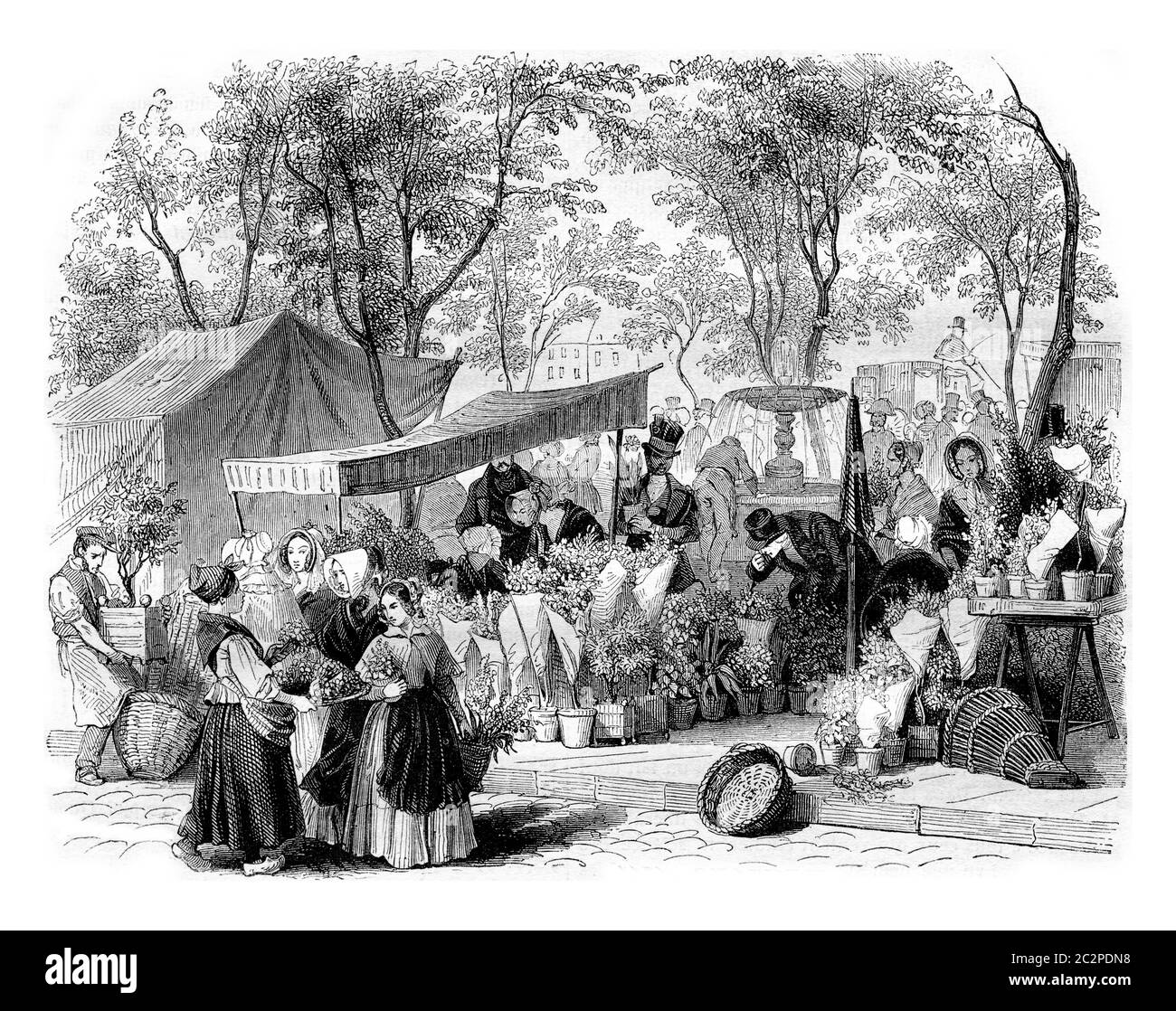The flower market, vintage engraved illustration. Magasin Pittoresque 1842. Stock Photo