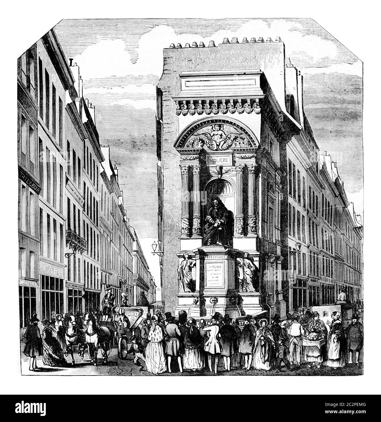 Fontaine Moliere at Richelieu, Paris, vintage engraved illustration. Magasin Pittoresque 1844. Stock Photo