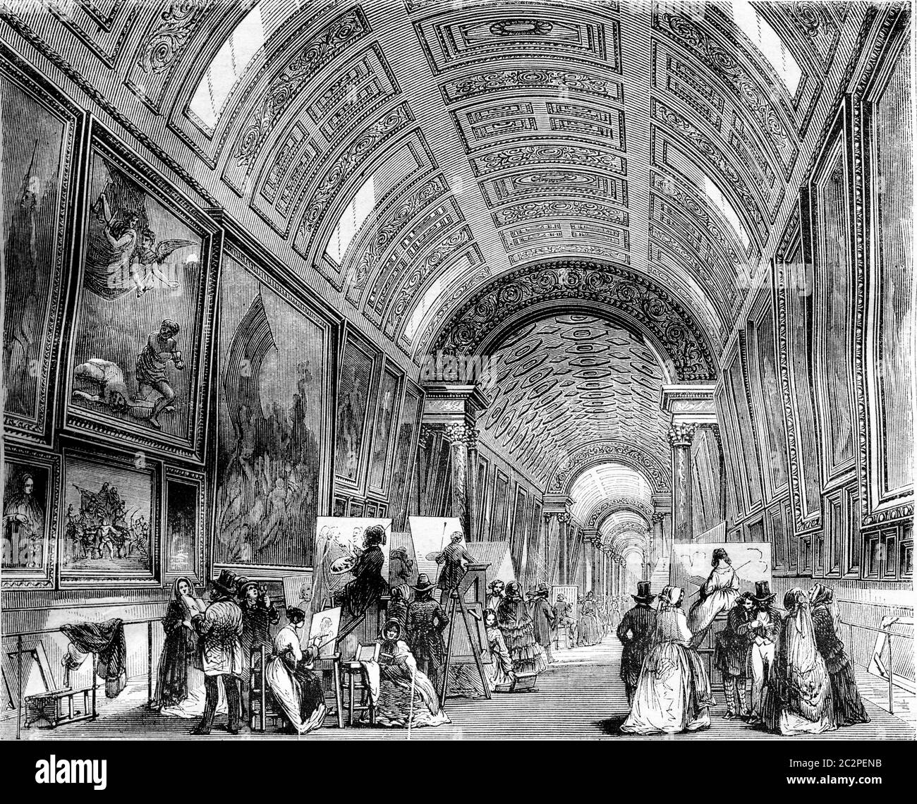 The large gallery one day study, Louvre Museum, vintage engraved illustration. Magasin Pittoresque 1844. Stock Photo