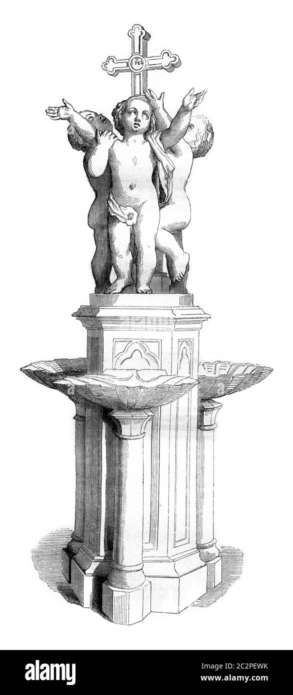 The Invocation was the cross, This baptistry, executed in white marble, 1844 Sculpture Show, vintage engraved illustration. Magasin Pittoresque 1844. Stock Photo