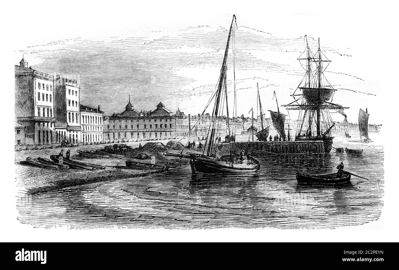 View of part of the harbor before the real Warehouse. Facade of Chartrons, vintage engraved illustration. Magasin Pittoresque 1844. Stock Photo
