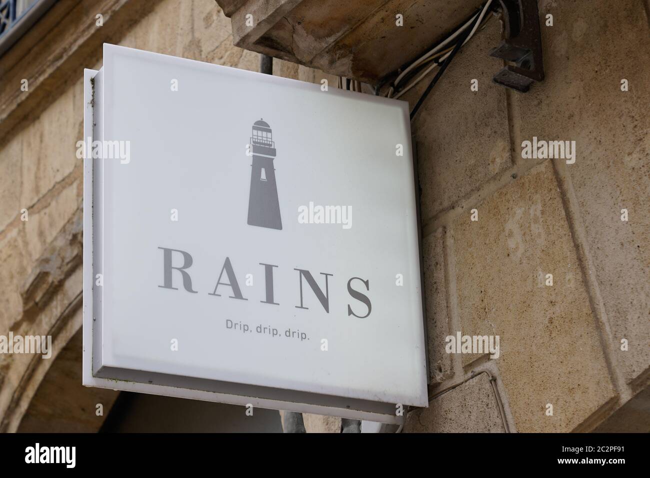 Bordeaux , Aquitaine / France - 06 01 2020 : Rains logo sign store of rainwear lifestyle brand shop creating waterproof designs Stock Photo