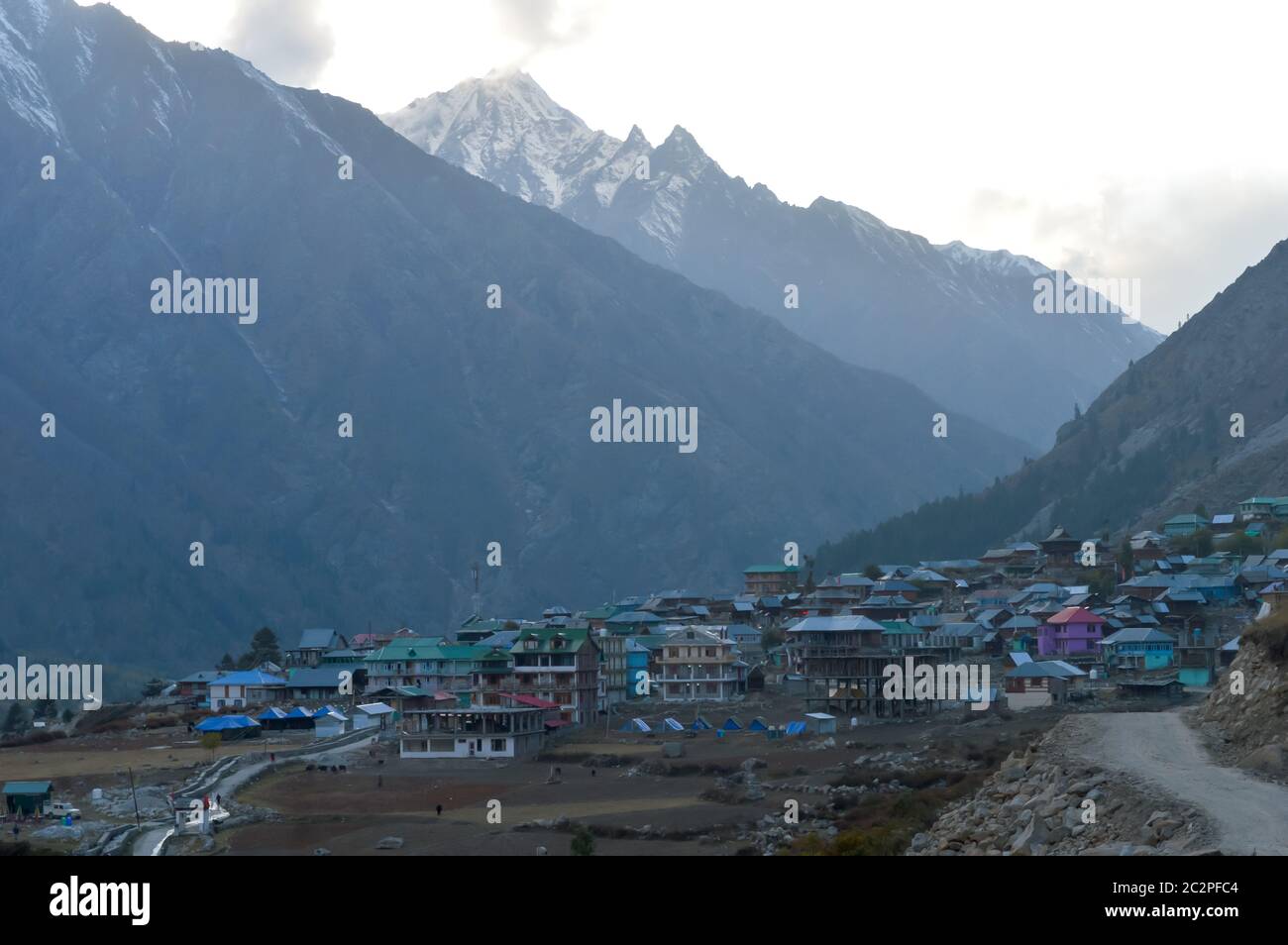Human settlements in high altitude areas of Himalayan hills and mountains valley higher altitudes region extreme cold climate. Rugged terrains, fragil Stock Photo