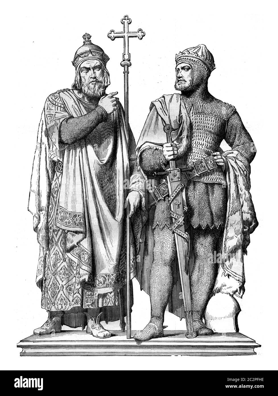 First Miecislas and Boleslaw the Great Bronze group by Rauch, in the Cathedral of Poznan, a city of the Prussian states, vintage engraved illustration Stock Photo