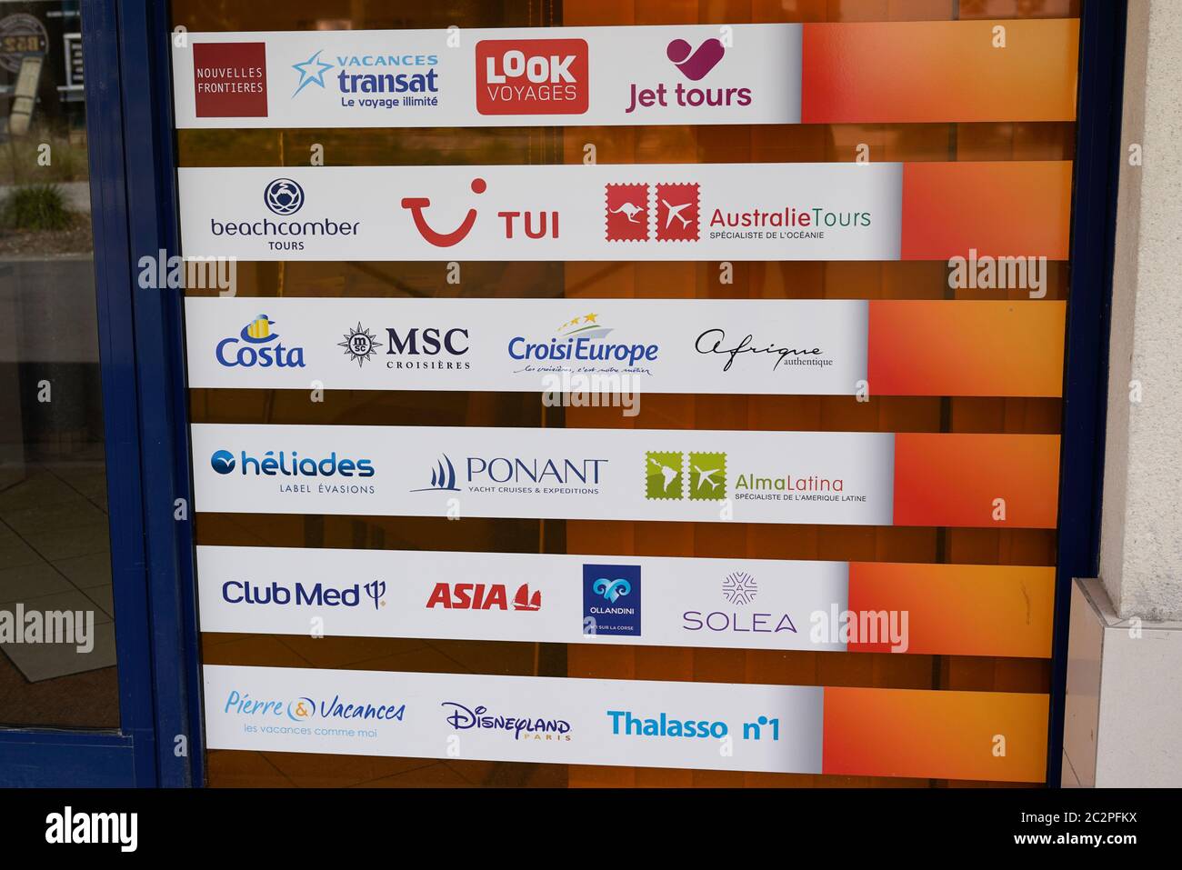 Bordeaux , Aquitaine / France - 06 14 2020 : window of a travel agency gathering all sign logos of clubs tour operators and cruise lines Stock Photo