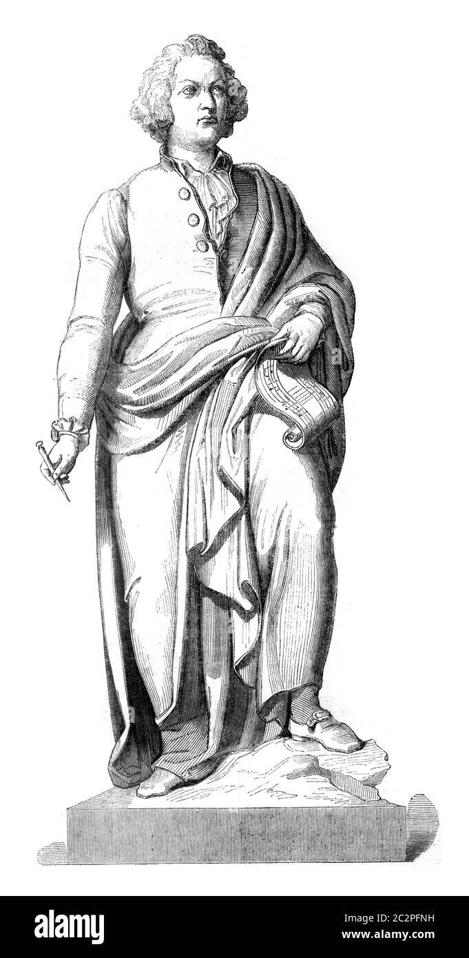Mozart statue in bronze, after the model of Schwanthales has Saltsburg, vintage engraved illustration. Magasin Pittoresque 1845. Stock Photo