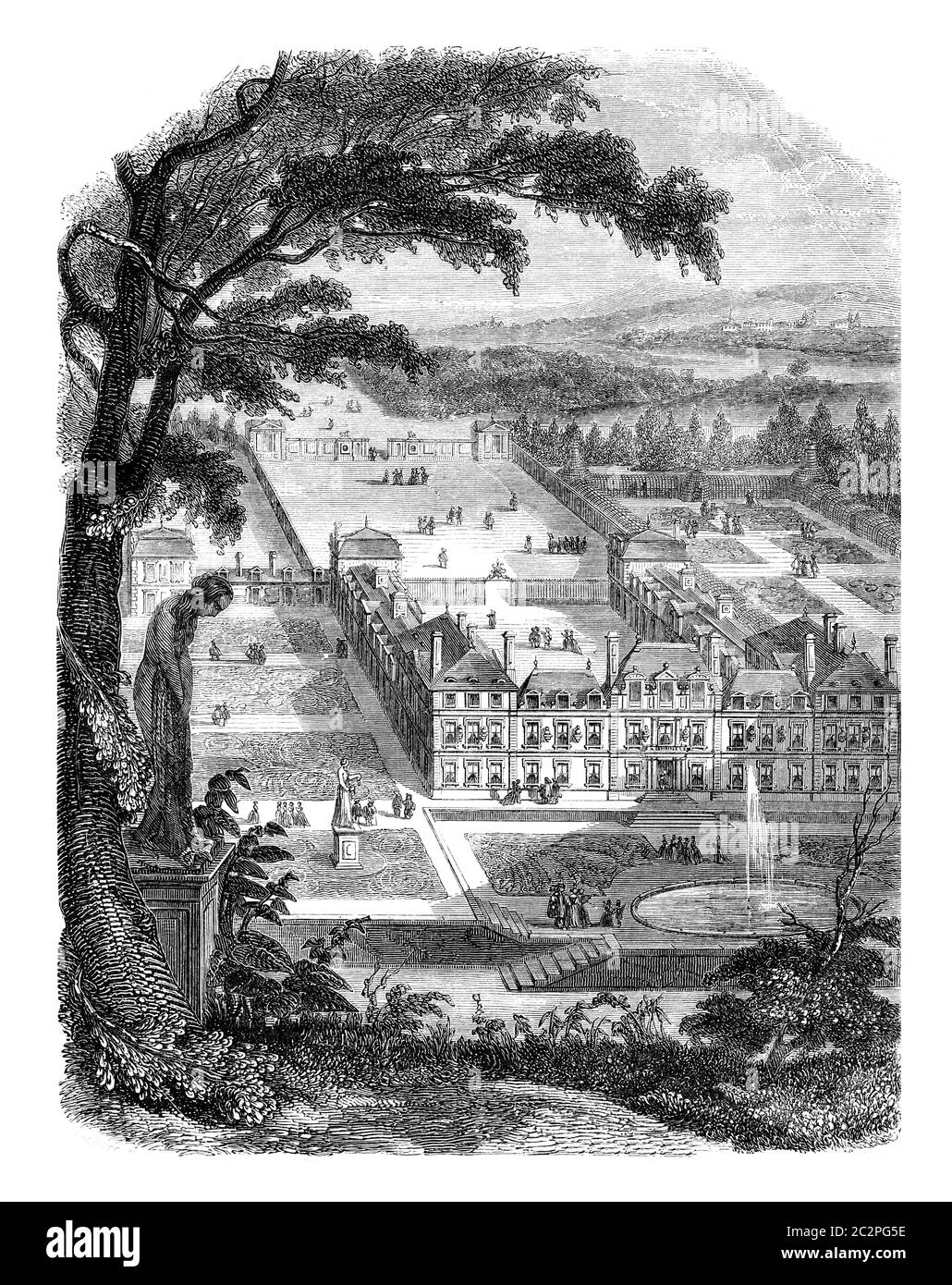 General view of the old castle of Sceaux taken the side of the gardens, vintage engraved illustration. Magasin Pittoresque 1846. Stock Photo