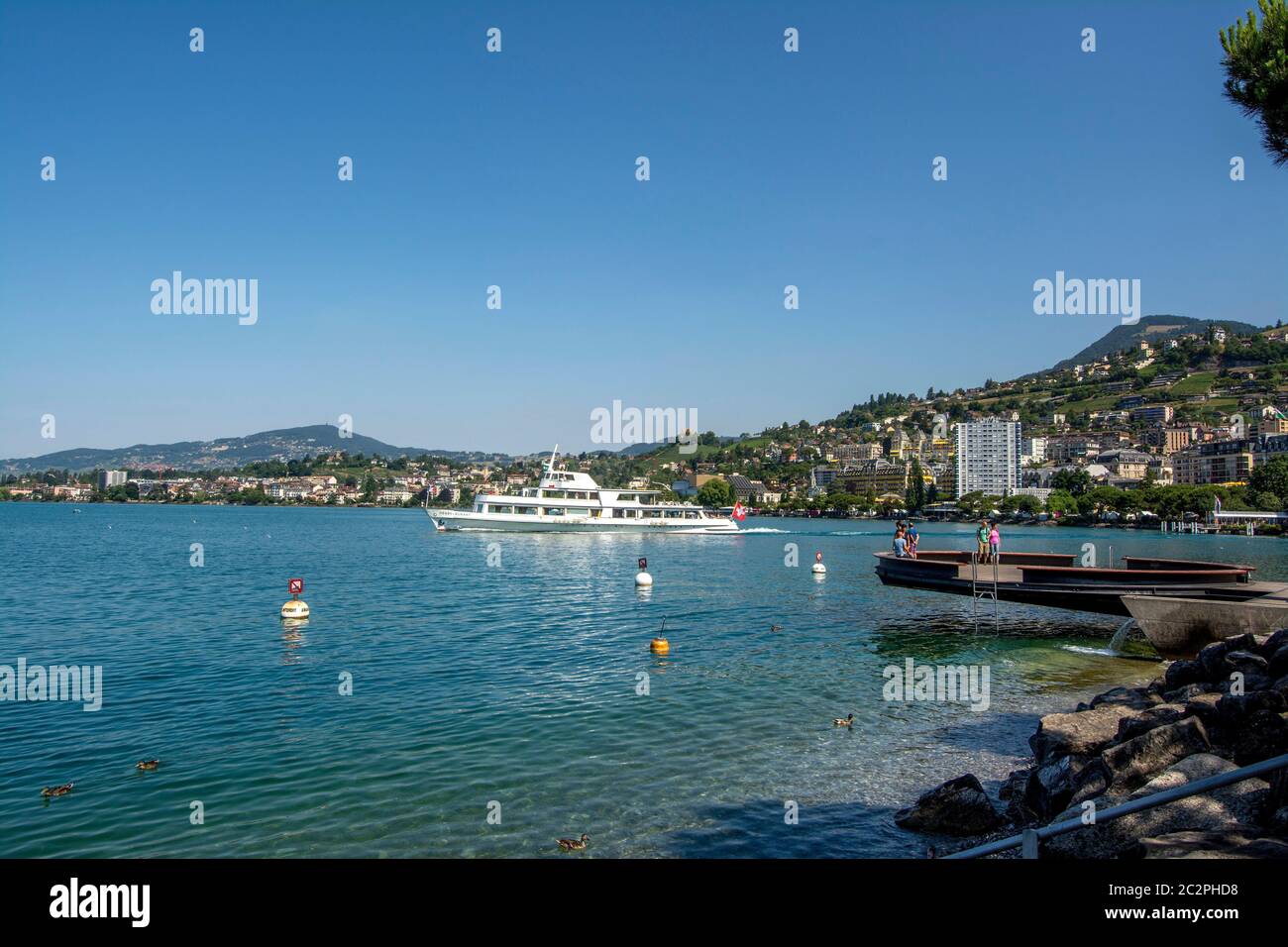 Ferry boat on Lake Geneva near Montreux, Switzerland Stock Photo