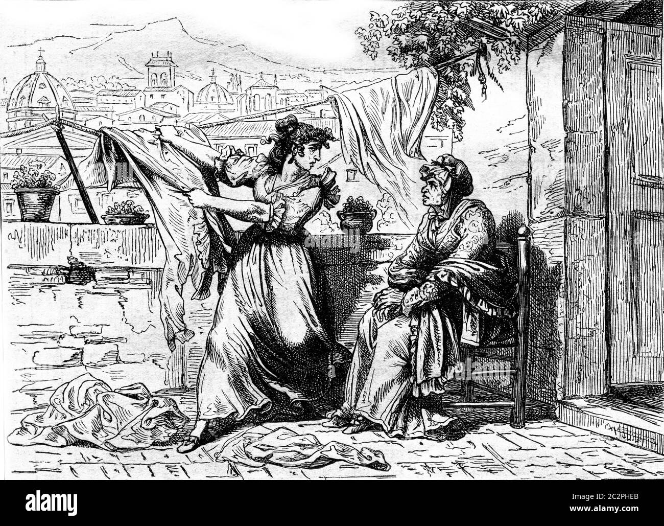 The witch Calpurnia persuaded that Nuccia Meo Patacca betrayed, vintage engraved illustration. Magasin Pittoresque 1857. Stock Photo