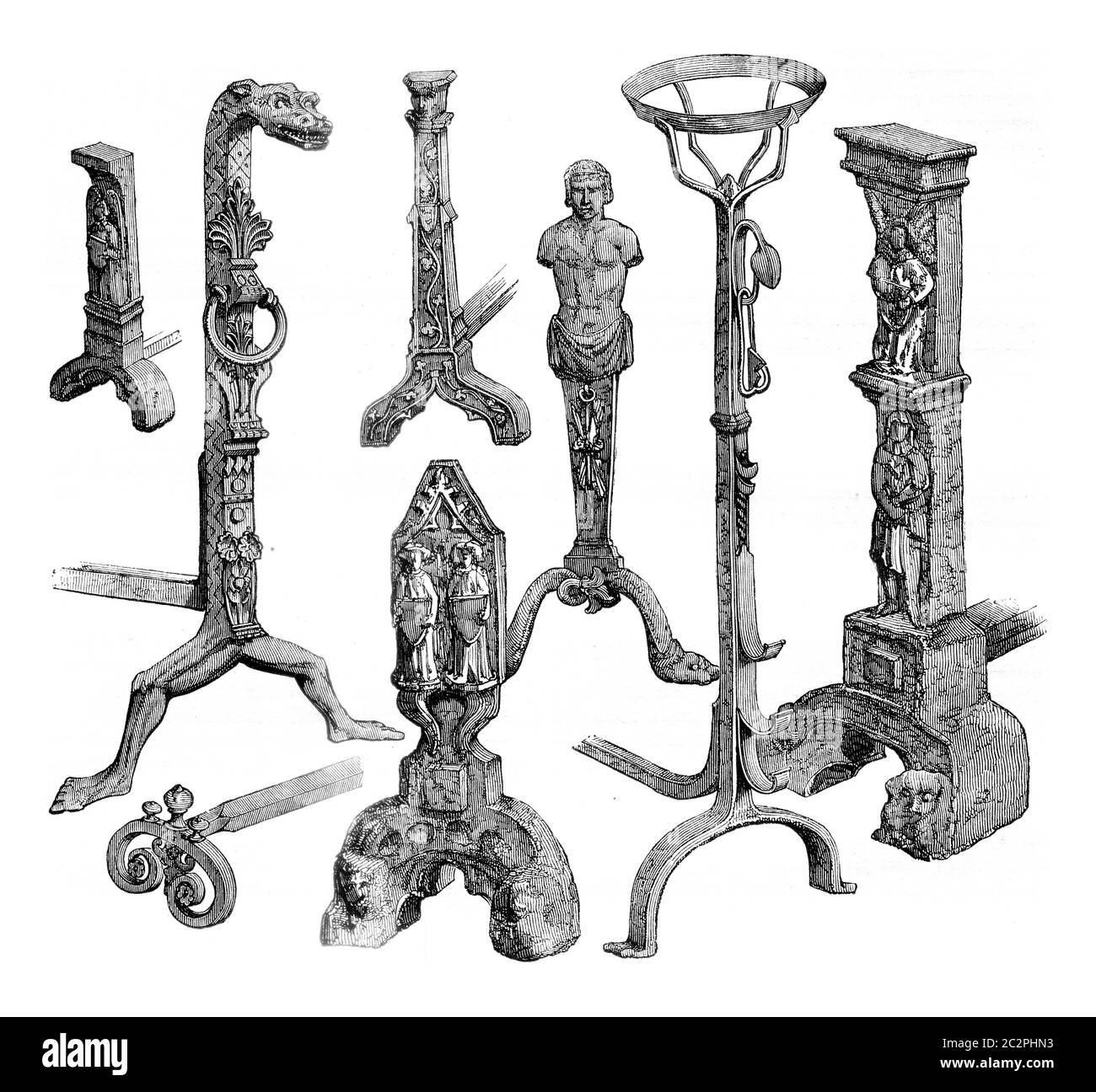 Landiers preserved in the Museum of Cluny, vintage engraved