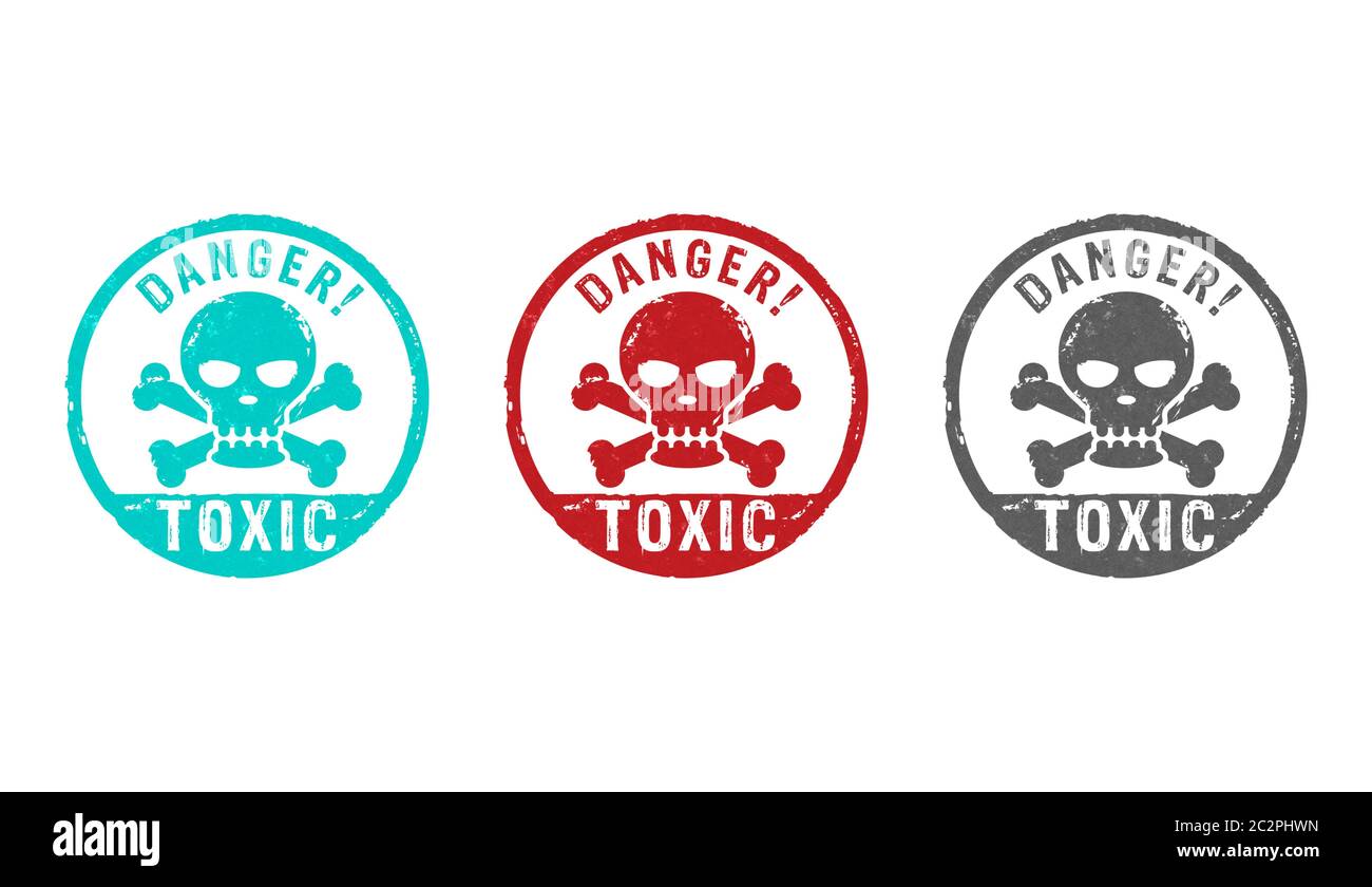 Toxic danger with skull stamp icons in few color versions. Poison warning concept 3D rendering illustration. Stock Photo