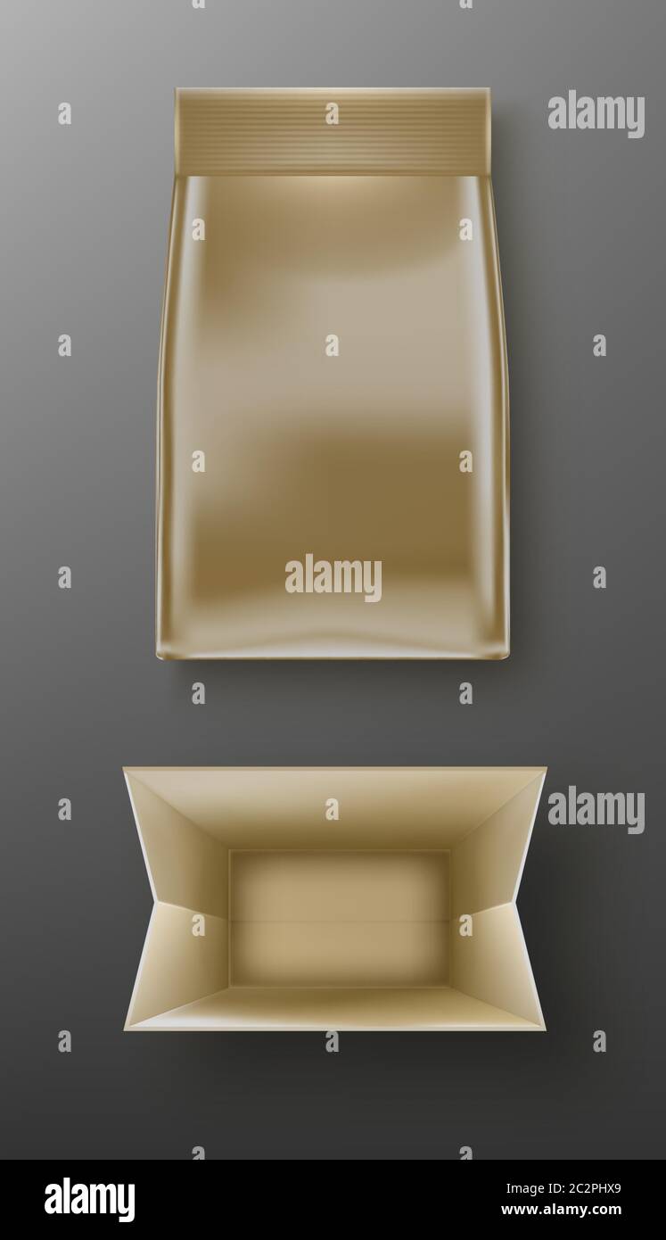 Brown craft doy pack, pouch paper or golden foil bag top and front view. Close and open sachet with clip isolated on grey background. Food, cosmetic product blank package realistic vector illustration Stock Vector