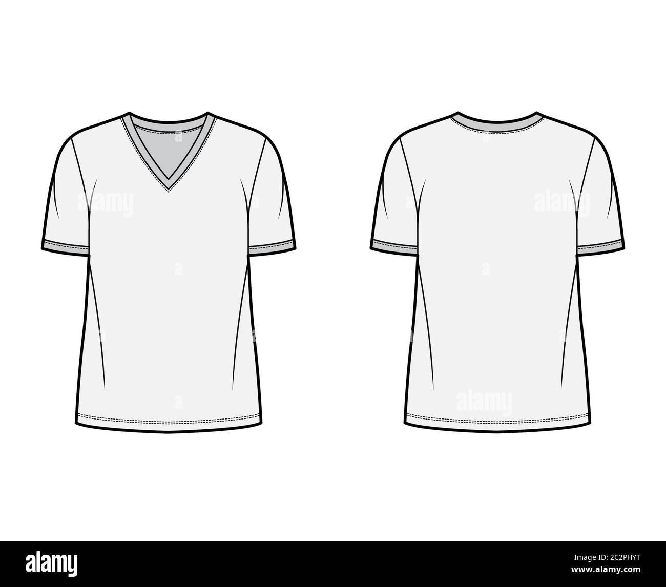 T-shirt technical fashion illustration with V neck, fitted oversized body  short sleeves, flat style. Apparel template front and back grey color.  Women and men unisex garment mockup for designer Stock Vector Image