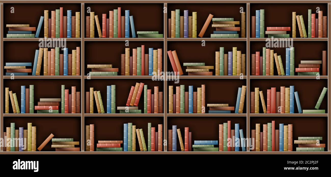 Bookshelf Background Books On Shelf In Library Home School Or Office Interior Volumes With Color Paperback