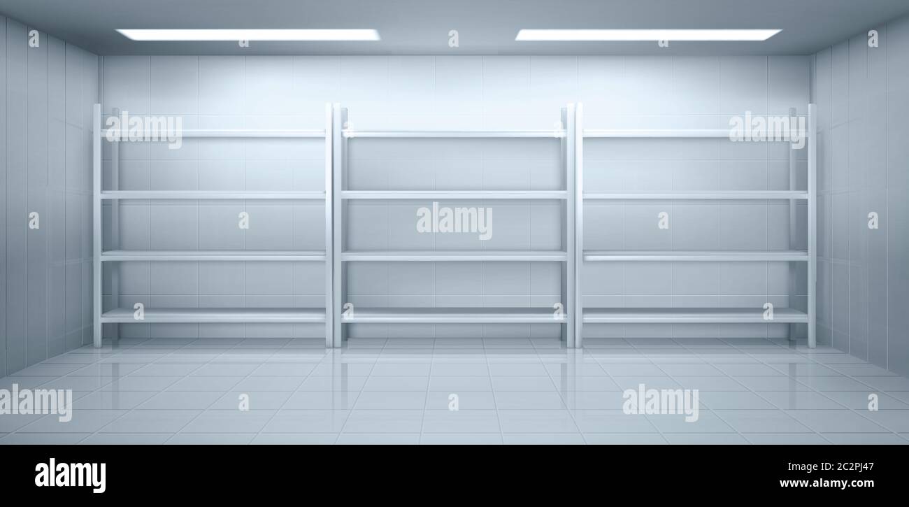 Cold room in warehouse with empty metal racks. Vector cartoon interior of industrial storage freezer with shelves, tiled walls and floor. Refrigerator chamber in factory, store or restaurant Stock Vector