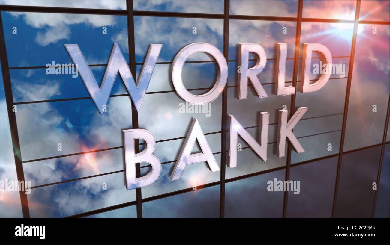 World Bank on glass building. Mirrored sky and city modern facade. Global capital, business, finance, economy, banking and money concept 3D rendering Stock Photo