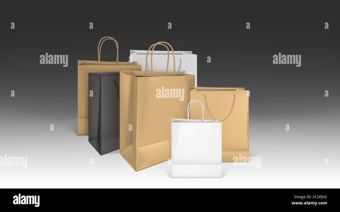 Download Paper Shopping Bags Mockup Rectangular Blank Brown White And Black Ecological Packages With Rope Handles Packs Isolated Mock Up For Branding And Corporate Identity Design Realistic 3d Vector Set Stock Vector Image