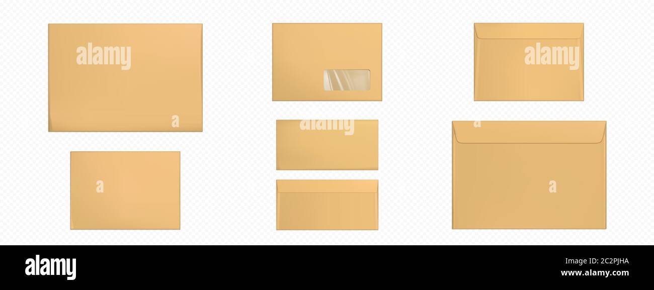 Kraft envelopes template set. Blank brown closed craft paper covers, letter packages, mock up of folder for business documents and messages, Realistic 3d vector mockup Stock Vector