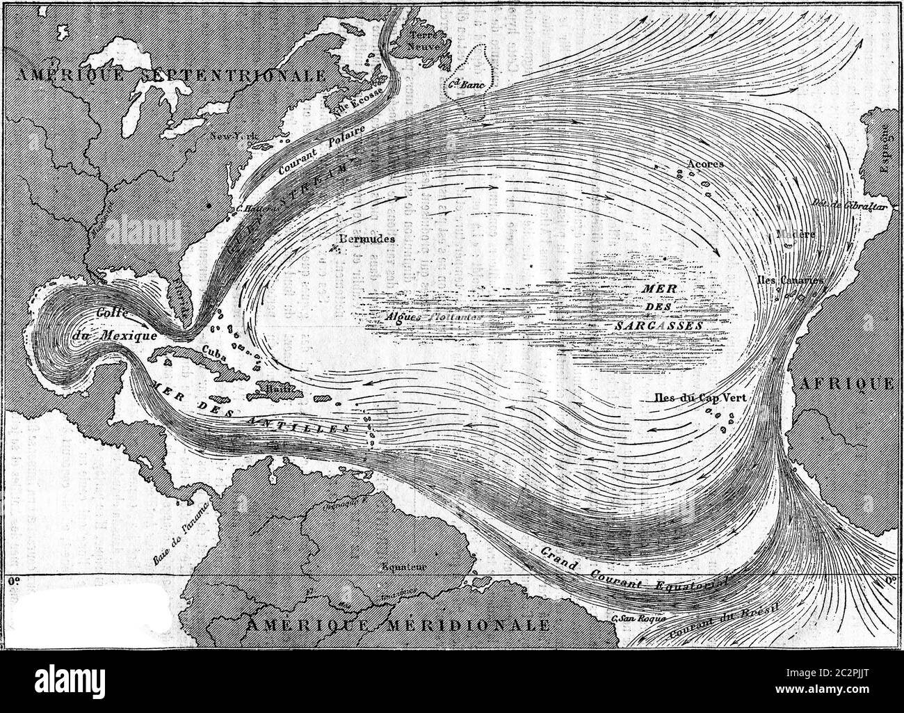 Map of the Gulf Stream, vintage engraved illustration. Magasin Pittoresque 1867. Stock Photo