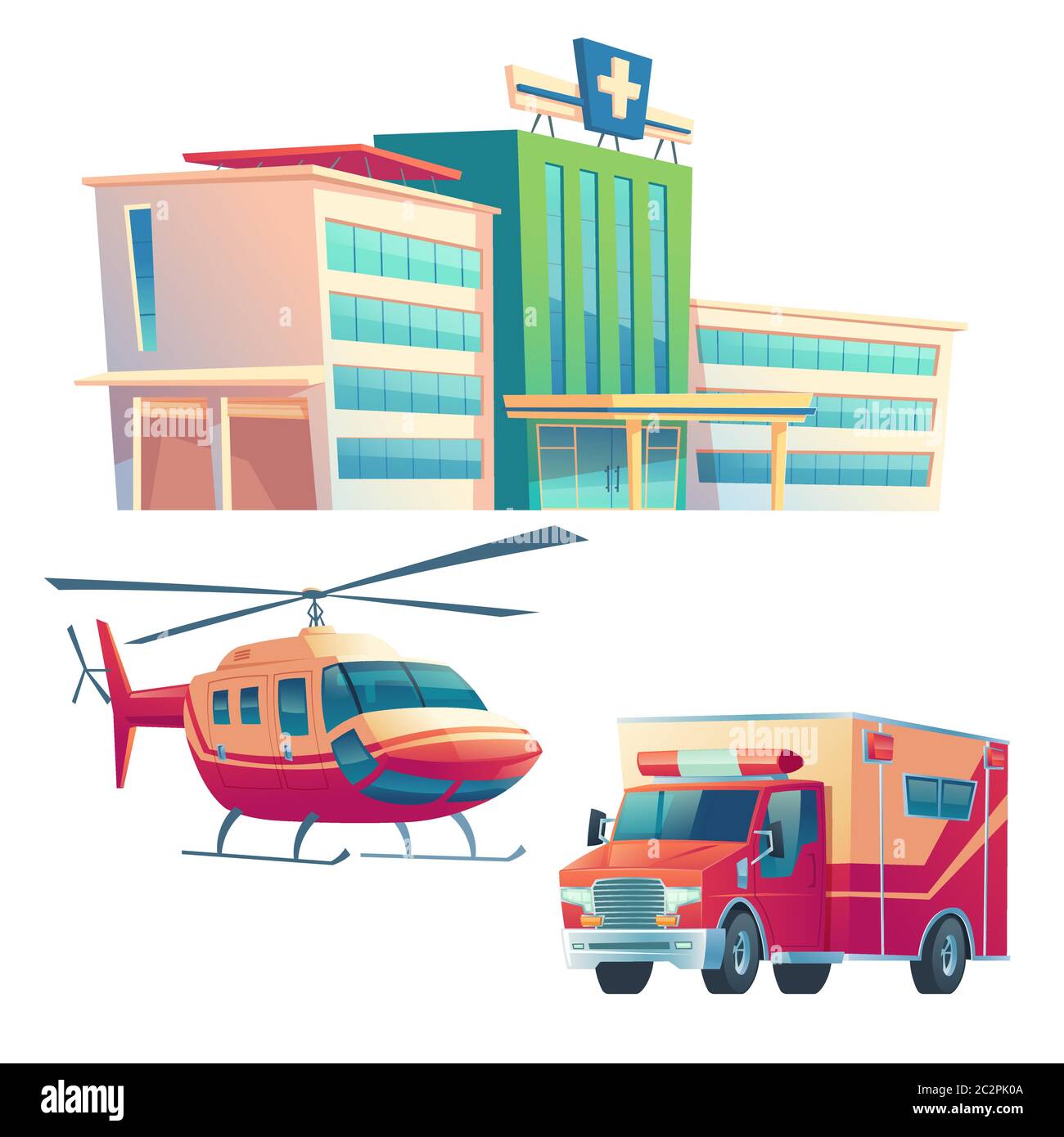 Hospital building, ambulance car and helicopter isolated on white background. Vector cartoon illustration of medical clinic, urgent first aid service, emergency rescue and ambulatory service Stock Vector