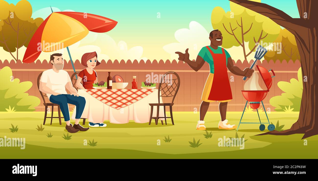 BBQ party. People at table on backyard and black man cooks meat on grill. Vector cartoon