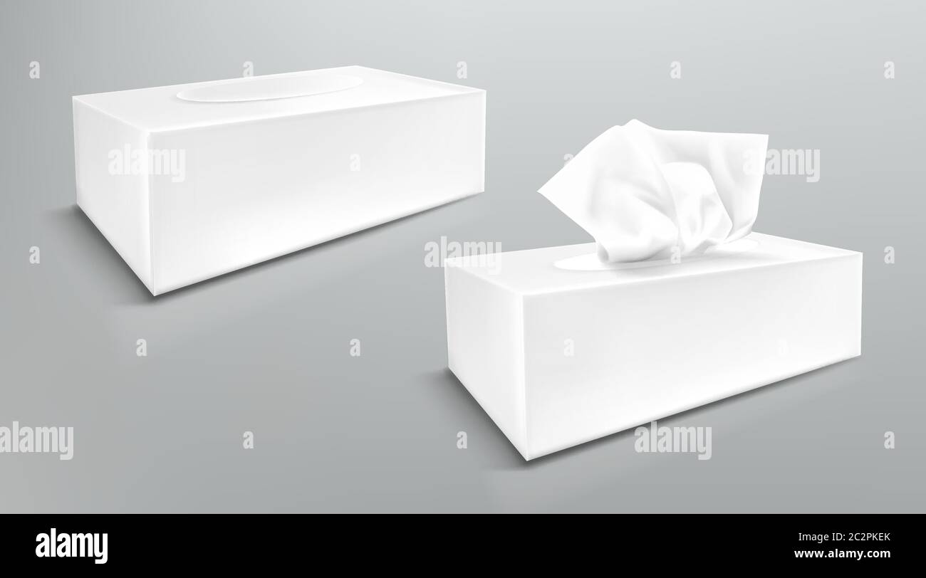 Paper napkin box mockup, close and open blank packages with tissue wipes side view. Hygiene accessories, white carton packages isolated on grey background, realistic 3d vector illustration, mock up Stock Vector