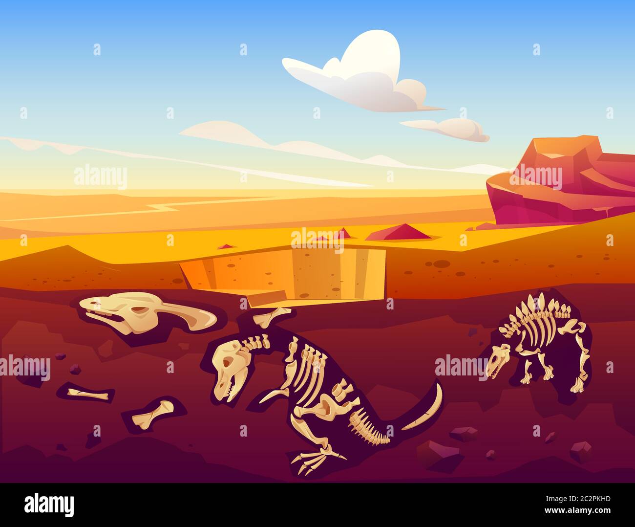 Fossil dinosaurs excavation, paleontology and archeology works. Vector cartoon illustration of desert landscape with buried skeletons of prehistoric reptiles underground Stock Vector