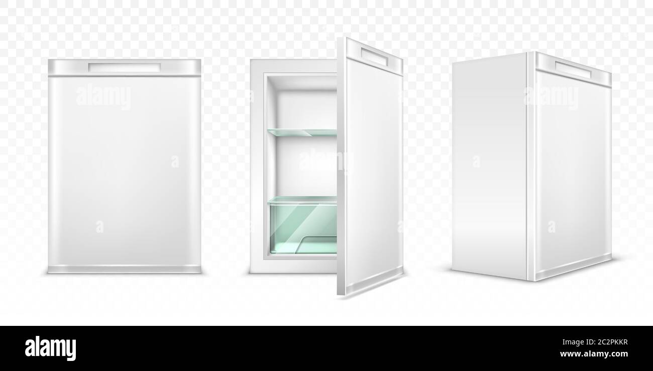 Mini refrigerator, empty white kitchen fridge with close and open door for fresh food or drinks. Realistic 3d vector cooler with glass shelves front and corner view isolated on transparent background. Stock Vector