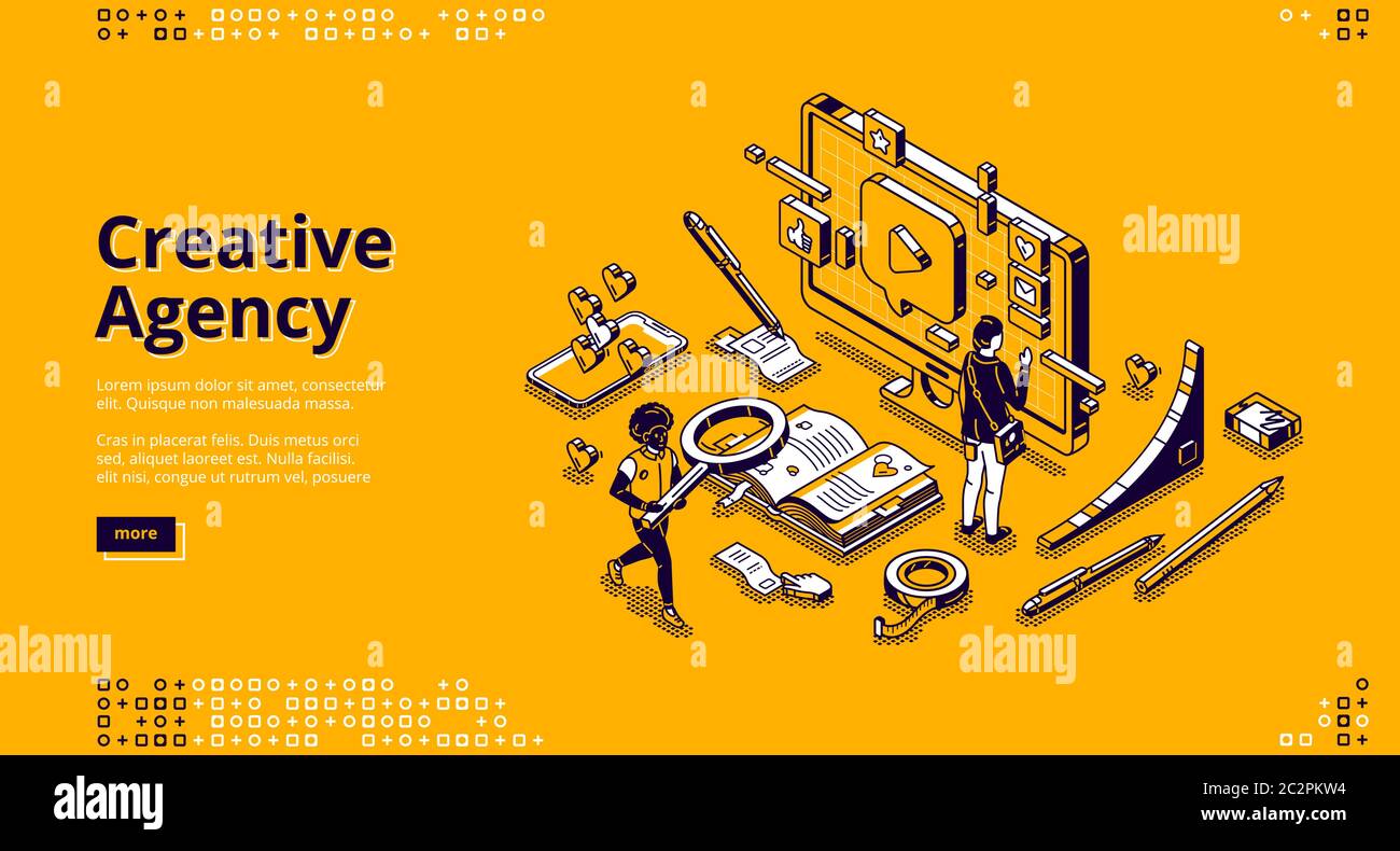 Creative agency banner. Creative strategy of digital design for promotion  and advertising company in social media. Vector landing page with isometric  working people, computer and smartphone Stock Vector Image & Art -