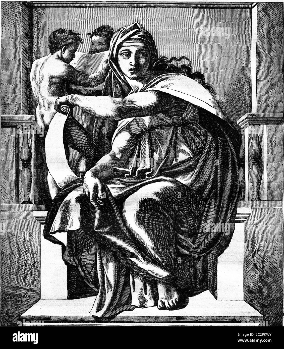 Sistine Chapel, The Delphic Sibyl, fresco by Michelangelo, vintage engraved illustration. Magasin Pittoresque 1877. Stock Photo