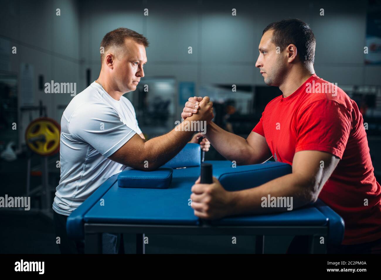 Two arm wrestlers on starting position, wrestling competition. Wrestle
