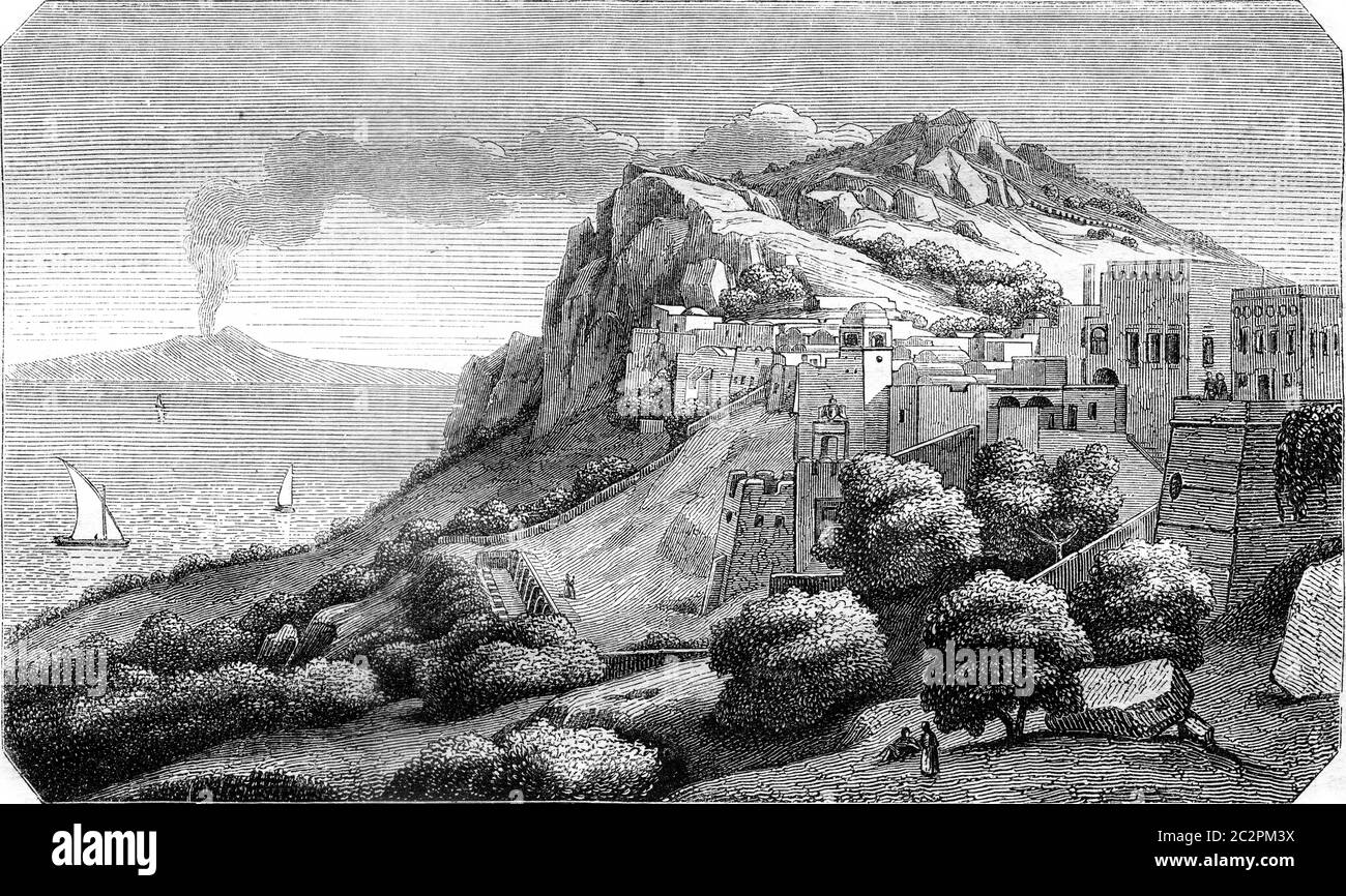 View of Island of Capri, taking the score looks Naple, vintage engraved illustration. Magasin Pittoresque 1845. Stock Photo
