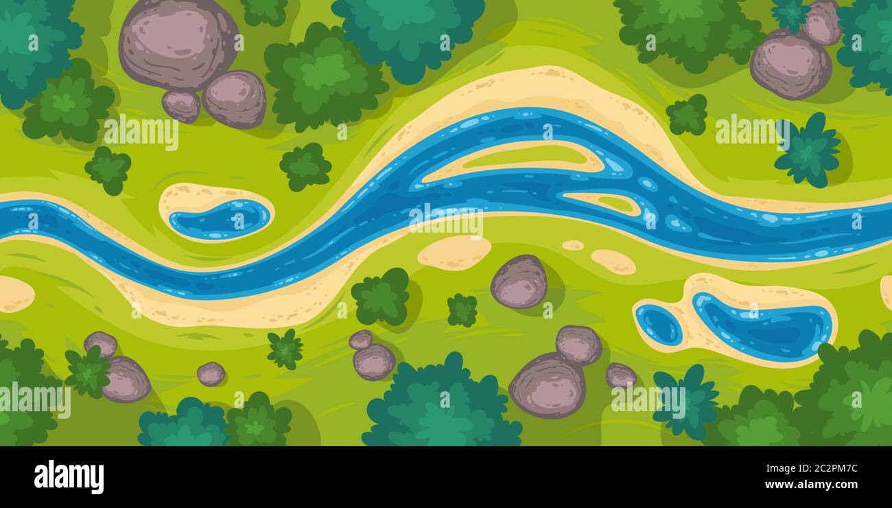 Flowing river top view. Vector seamless border with nature landscape with blue water stream, green grass, trees and rocks. Illustration of summer scene with brook flow with sand shore Stock Vector