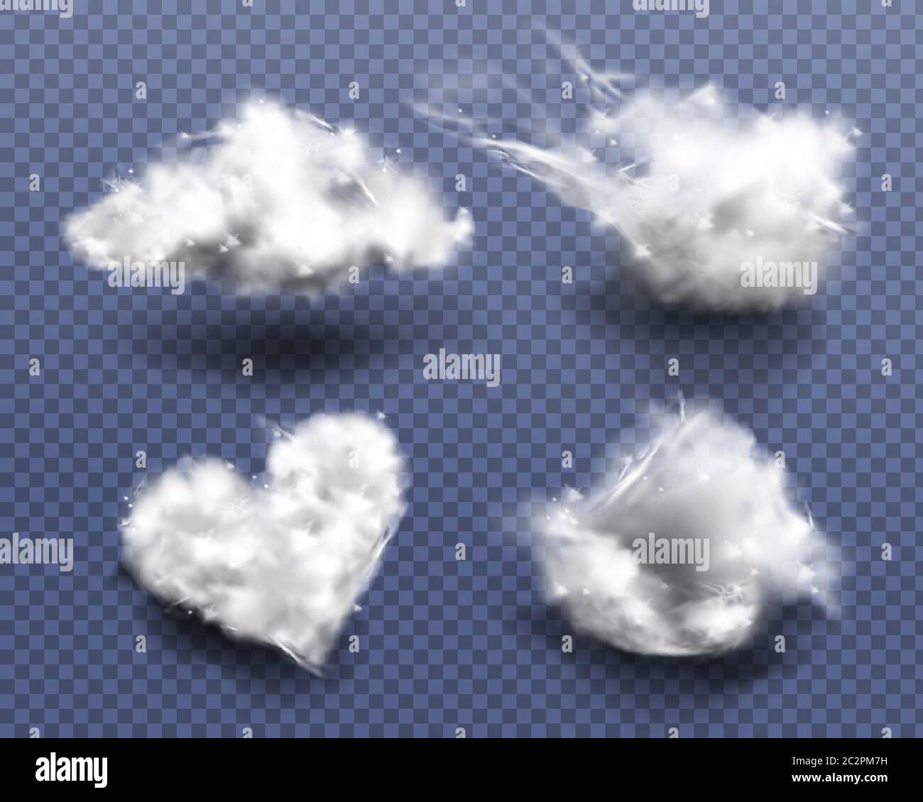 Cotton wool pieces in shape of cloud and heart isolated on transparent background. Vector realistic set of soft balls of wool fiber or white fur, medical cotton swabs Stock Vector