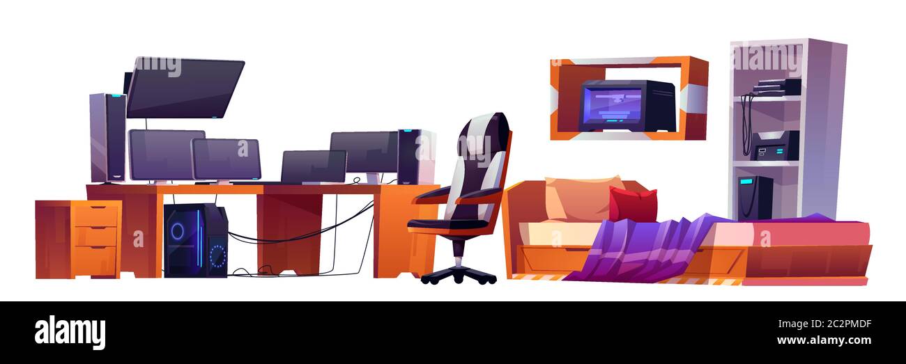 Bedroom interior of gamer, programmer or streamer. Vector cartoon set ...