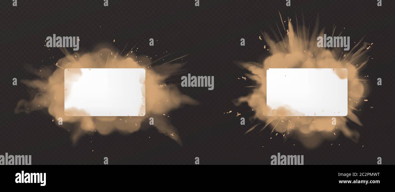 Dust explosion with white rectangle banner. Splashes of brown powder isolated on transparent background. Vector realistic clouds of sand or dry dirt, burst effect with copy space for text Stock Vector