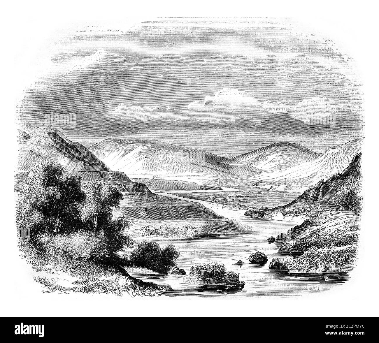 Confluence of valleys of Glen Roy and Glen Turit, Scotland, vintage engraved illustration. Magasin Pittoresque 1846. Stock Photo